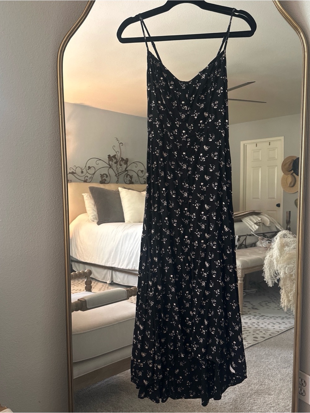 Hollister Black Midi Slip Dress with White Floral Print